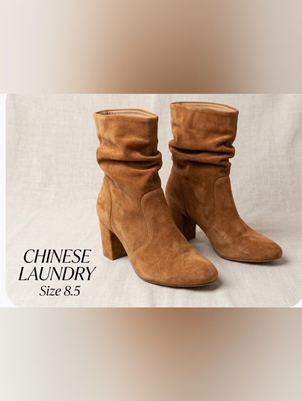 Chinese Laundry Cognac Suede Slouch Block Heel Boots Size 8.5